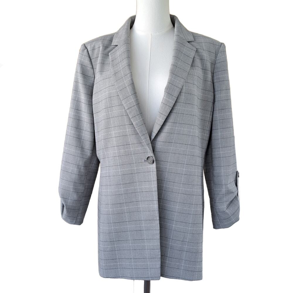 CALVIN KLEIN Gray Glen Plaid Blazer Jacket Size 14 Gathered Sleeve One-Button